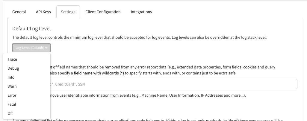 Log Level Settings